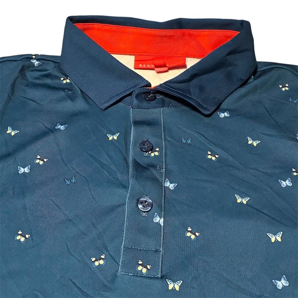 Redvanly Mens Butterfly Print Golf Polo Shirt Teal Blue Orange Accent Size M
